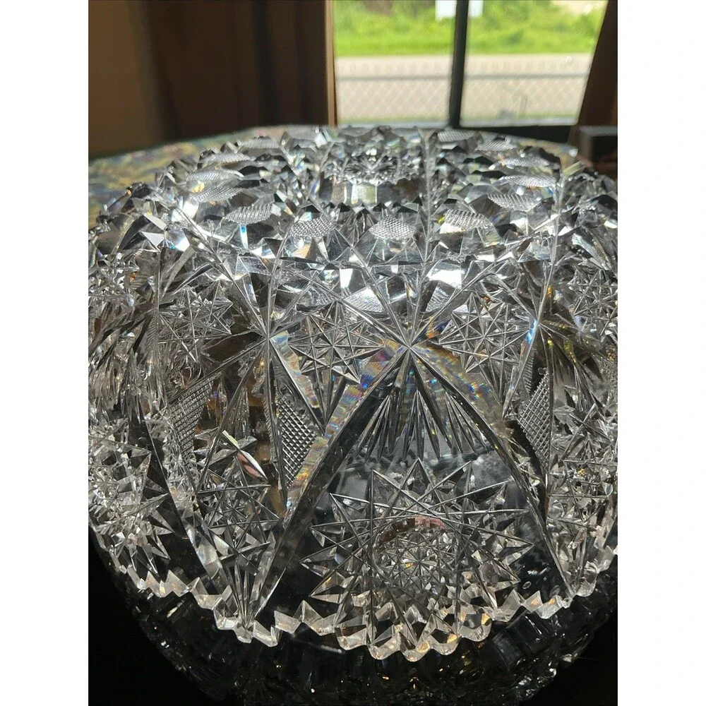 American Brilliant Lead Cut Glass Bowl 8.25 Inch Clear Antique Sawtooth Edge